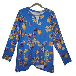 LOGO Lounge Blue Floral Split Neck Tunic Top Size Large